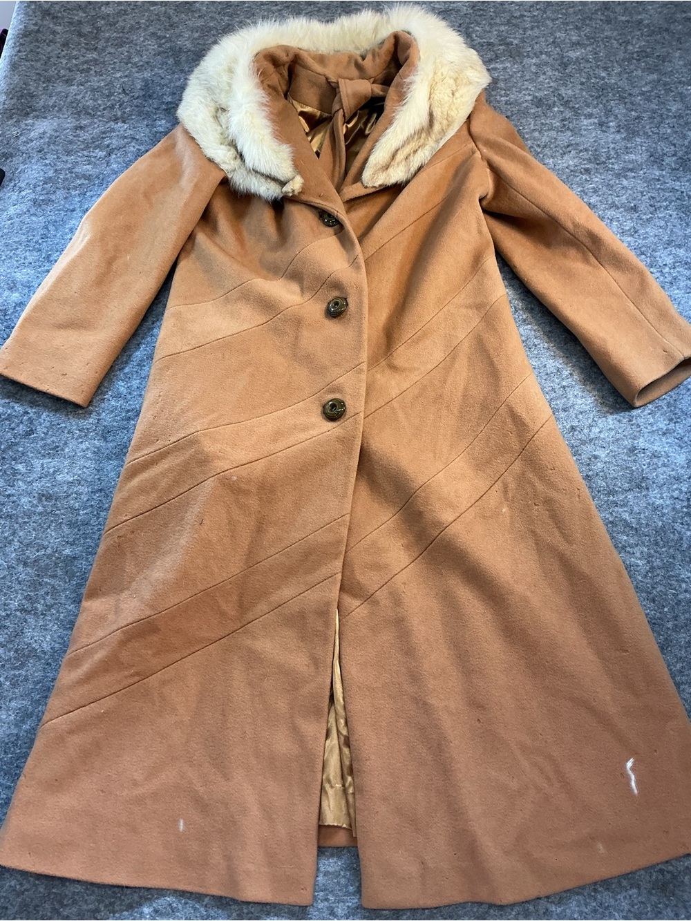 Juli De Roma Vintage Camel Wool-Blend Long Coat with Faux Fur Collar Size M